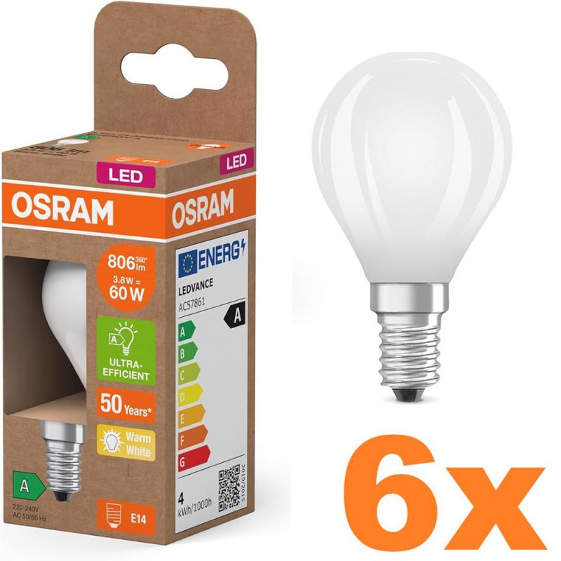 6er Vorteilspack  OSRAM E14 LED Lampe Classic matt 3,8W wie 60W warmweißes Licht 2700K - Energy efficiency class A