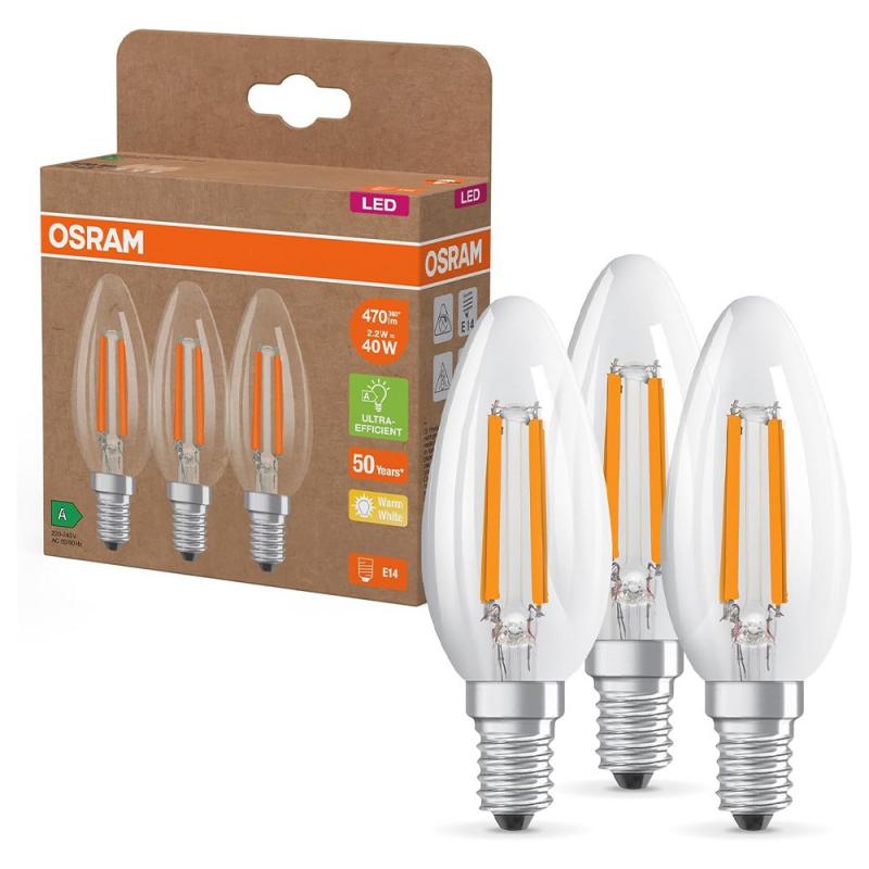 30er Set Osram E14 LED Kerzenlampe CLASSIC besonders effizient klar 2,2W wie 40W 2700K warmweißes Licht - Sehr gute Energieeffizienz - XXXL-Sparpack