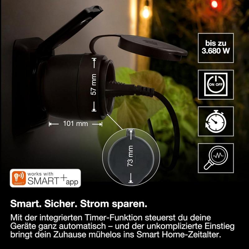 OSRAM SMART+ MATTER Außensteckdose mit Energieverbrauchskontrolle in Schwarz IP44-Schutz, Integration von Geräten ins Smart Home