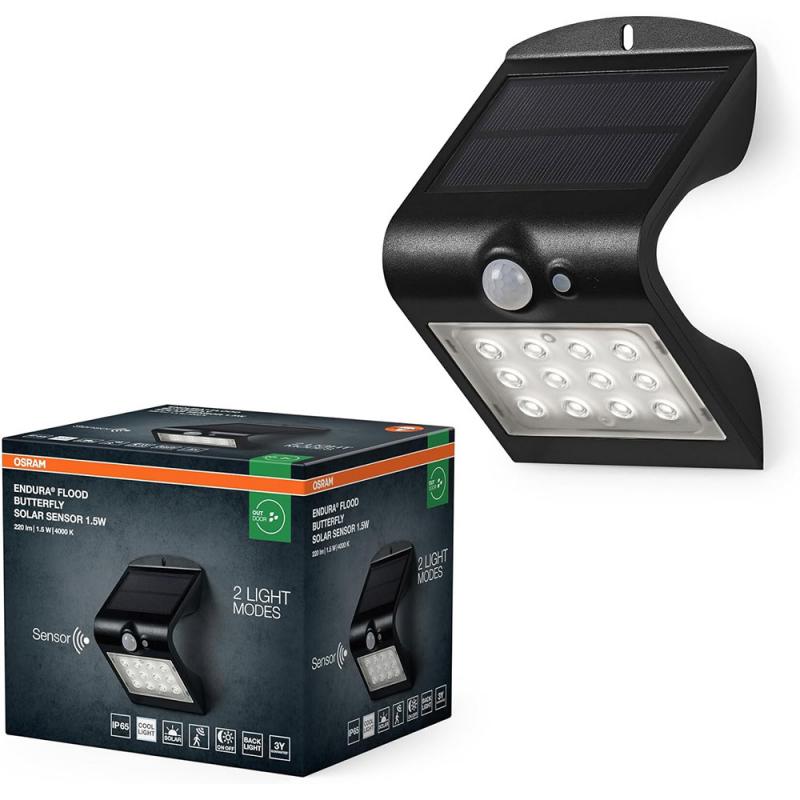 Osram Solar LED Außen Flutlicht ENDURA Flood Butterfly mit Sensor 1,5W 4000K neutralweißes Licht - Batterie aufladbar, umweltfreundlich, lange Lebensdauer, einfache Montage, IP65