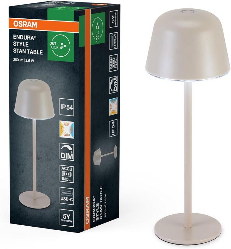 OSRAM Akku-Tischleuchte Style Table in Beige USB dimmbar IP54 In & Out - wiederaufladbarer Akku, stufenloses Dimmen, Lichthelligkeits-Memory-Funktion