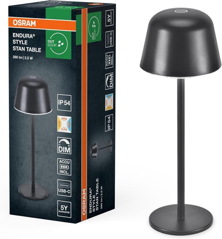 OSRAM Akku-Tischleuchte Style Table in Anthrazit USB dimmbar IP54 In & Out - wiederaufladbarer Akku, IP54, stufenloses Dimmen, Lichthelligkeits-Memory-Funktion