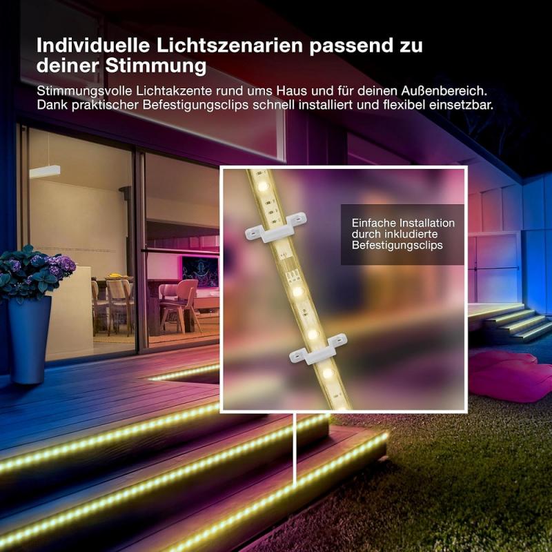 10M Osram Outdoor Flex LED-Streifen IP65 RGB mit Fernbedienung - bis 50 m erweiterbar, inkl. Kabeltrommel, Montagezubehör, Anschlusskabel