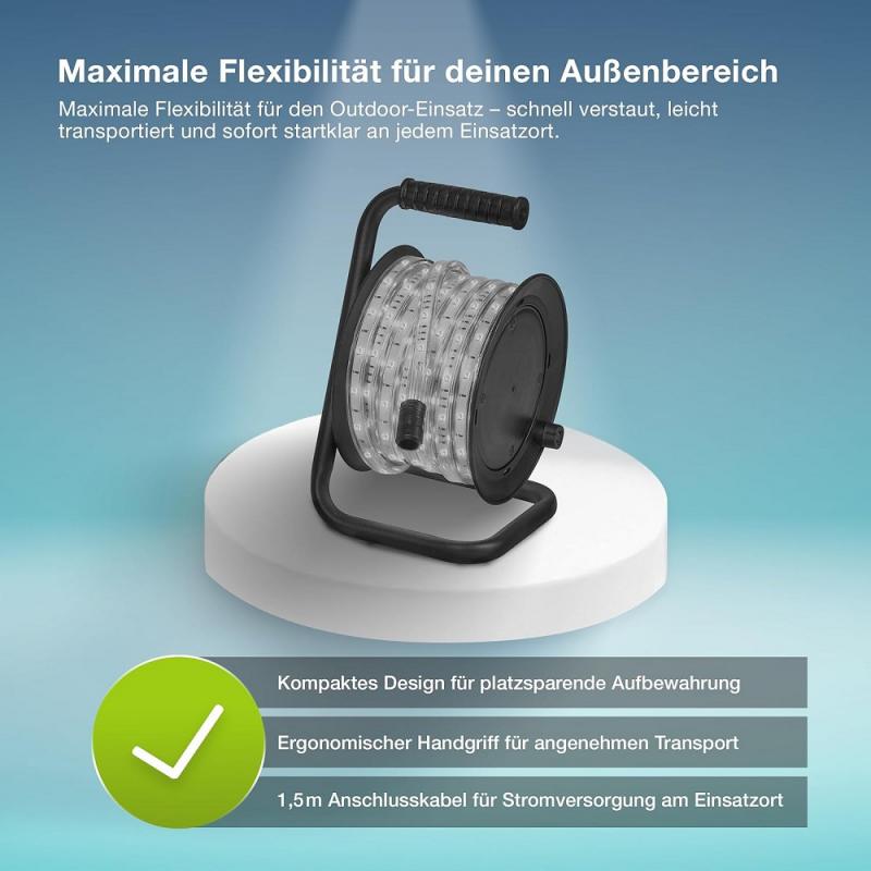10M Osram Outdoor Flex LED-Streifen IP65 RGB mit Fernbedienung - bis 50 m erweiterbar, inkl. Kabeltrommel, Montagezubehör, Anschlusskabel