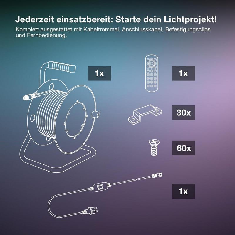 10M Osram Outdoor Flex LED-Streifen IP65 RGB mit Fernbedienung - bis 50 m erweiterbar, inkl. Kabeltrommel, Montagezubehör, Anschlusskabel