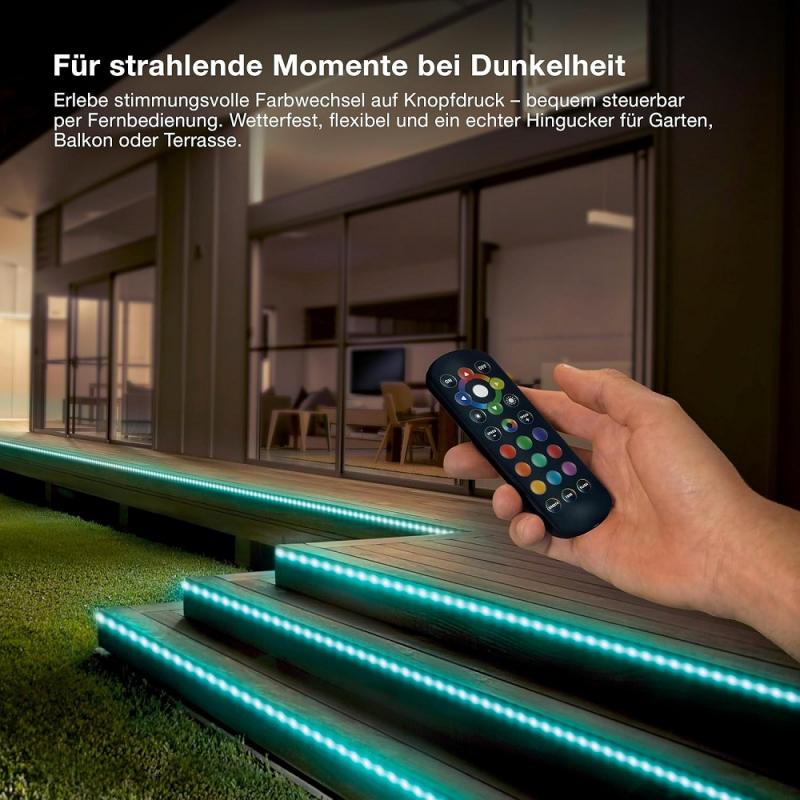 15M Osram Outdoor Flex LED-Streifen IP65 RGB mit Fernbedienung - bis 50 m erweiterbar, inkl. Kabeltrommel, Montagezubehör, Anschlusskabel