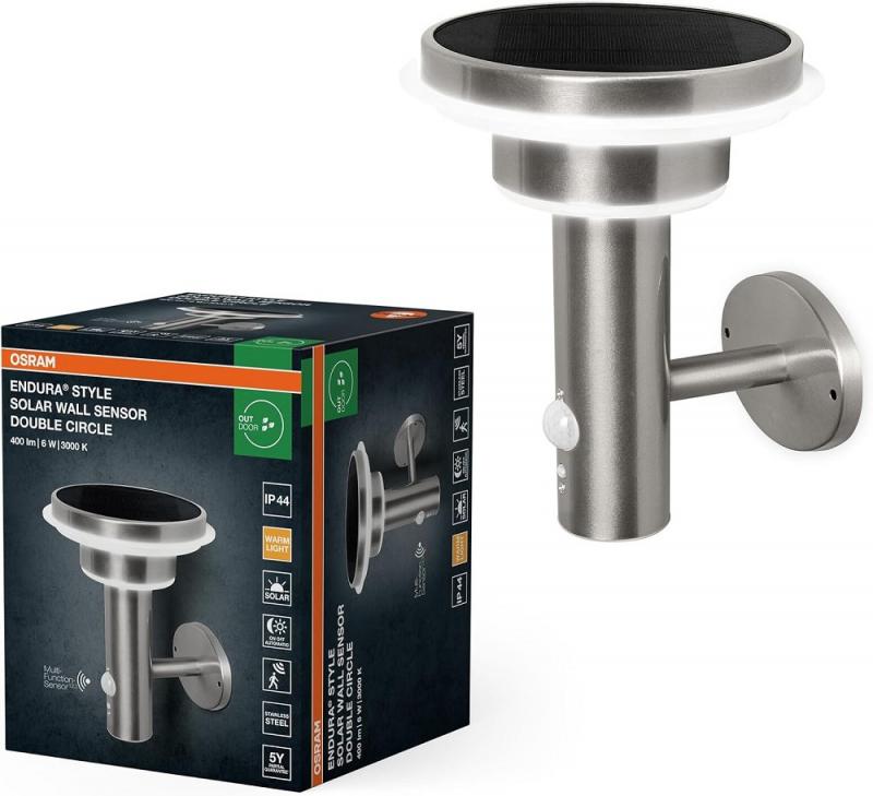 OSRAM ENDURA STYLE Solar Außenwandleuchte 6W Edelstahl Sensor - Bewegungs- & Lichtsensor, 3 Modi, IP44, modernes Design für Garten & Terrasse