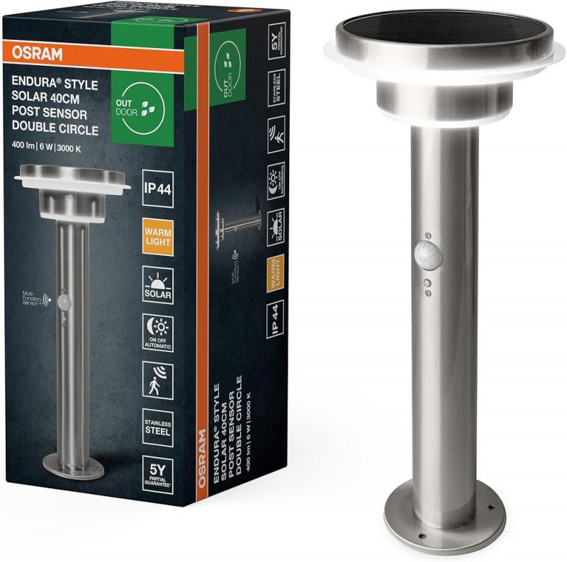 40cm Osram ENDURA STYLE Solar Post Wegeleuchte aus Edelstahl mit Sensor - Bewegungs- & Lichtsensor, 3 Modi, IP44, edles Design für Terrasse & Garten