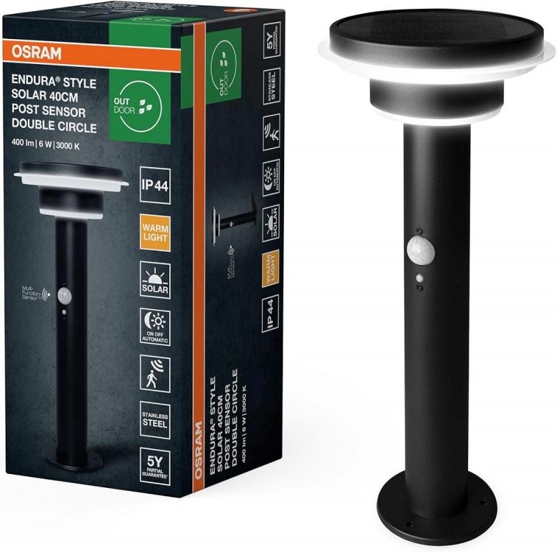 40cm Osram ENDURA STYLE Post Wegeleuchte 6W mit Sensor & Solar - geeignet für Eingänge und Terrassen