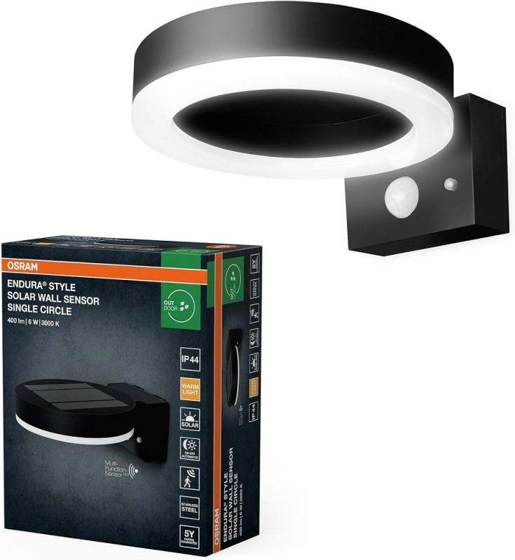 OSRAM ENDURA STYLE Solar Wandleuchte Circle schwarz mit Sensor - Bewegungs- und Tageslichtsensor, solarbetrieben, ideal für Außenbereiche