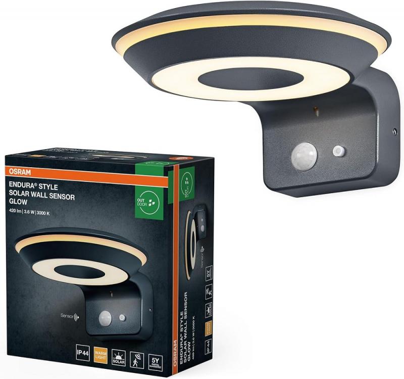 Osram Wandleuchte Endura Style Solar Glow Sensor Wall in Schwarz aus Aluminium - zwei separat steuerbare Lichtringe, warmweißes Licht