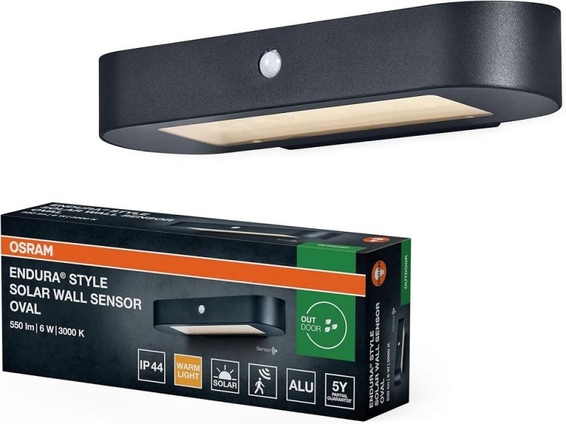 Osram Wandleuchte Endura Style Oval Wall Solar & Sensor in Schwarz aus Aluminium - integrierter Sensor, ohne Strom nutzbar, lange Batterielaufzeit: 30 Mal 60 Sekunden im PIR Modus, Schutzklasse IP44