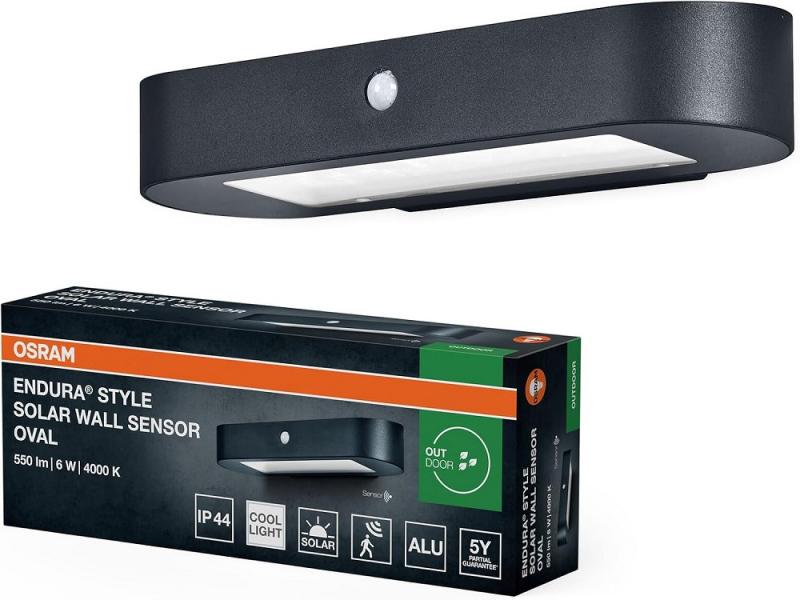 Osram Wandleuchte Endura Style Oval Wall Solar & Sensor in Schwarz - kaltweißes Licht integrierter Sensor, ohne Strom nutzbar, lange Batterielaufzeit: 30 Mal 60 Sekunden im PIR Modus, Schutzklasse IP44