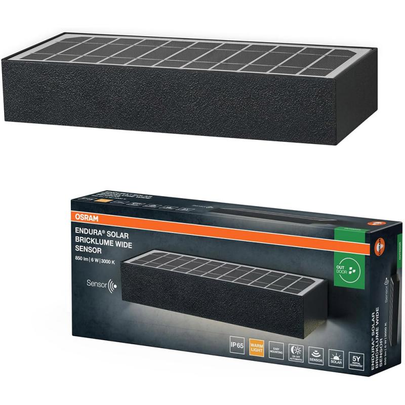 Osram ENDURA STYLE BRICKLUME Solar Wandleuchte - dunkelgrau, indirekte Beleuchtung, Bewegungsmelder, Tageslichtsensor, IP65, warmweiße Lichtfarbe
