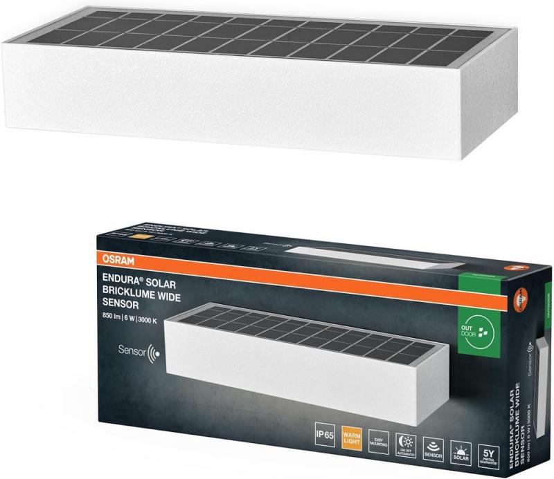 Osram ENDURA STYLE BRICKLUME Solar Wandleuchte wide weiß - indirekte Beleuchtung, Bewegungsmelder, Tageslichtsensor, IP65, armweiße Lichtfarbe