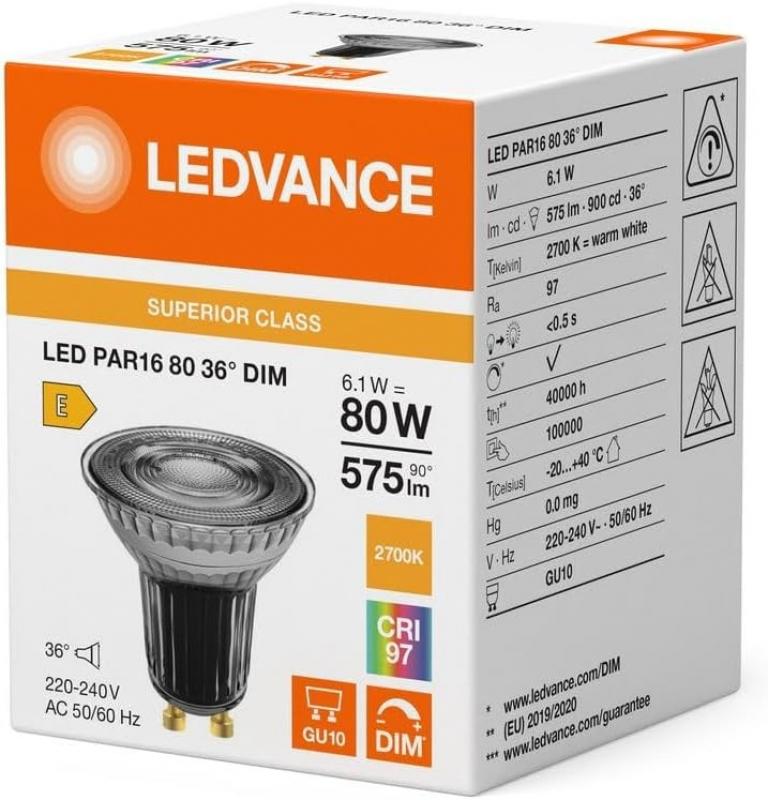 Ledvance GU10 PAR16 Reflektor 36° 6.1W wie 80W dimmbarer warmweißer Strahler 2700K 97Ra sehr hohe Farbwiedergabe