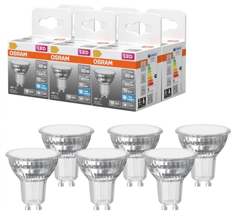 6er Set OSRAM GU10  LED STAR PAR16 Strahler 120° 5,6W wie 49W kaltes Licht mit breitem Lichtkegel 6500K