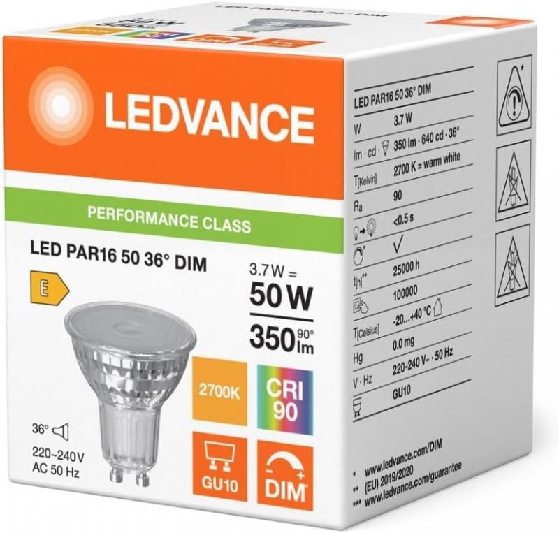 Ledvance GU10 PAR16 Reflektor 36° 3.7W wie 50W dimmbarer warmweißer Strahler 2700K 90Ra hohe Farbwiedergabe