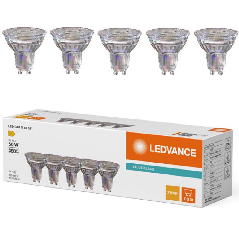 5er Pack Ledvance GU10 PAR16 LED Spot 36° 3.7W wie 50W 2700K warmweißes Licht