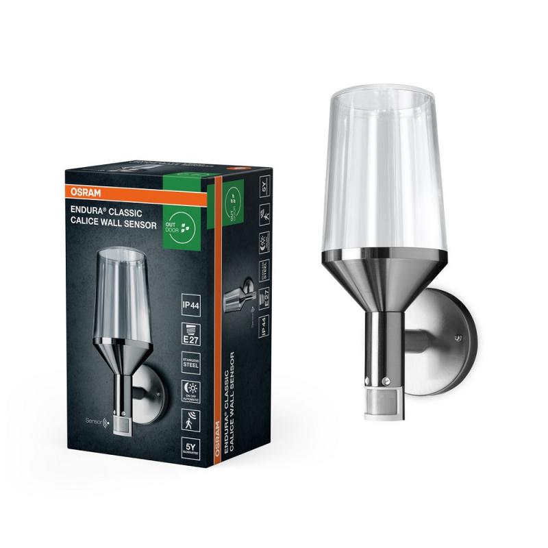 OSRAM ENDURA CLASSIC CALICE WALL E27 Sensor Wandleuchte Outdoor - in moderner Edelstahloptik mit Glasdiffusor, für Auffahrt- und Wegbeleuchtung