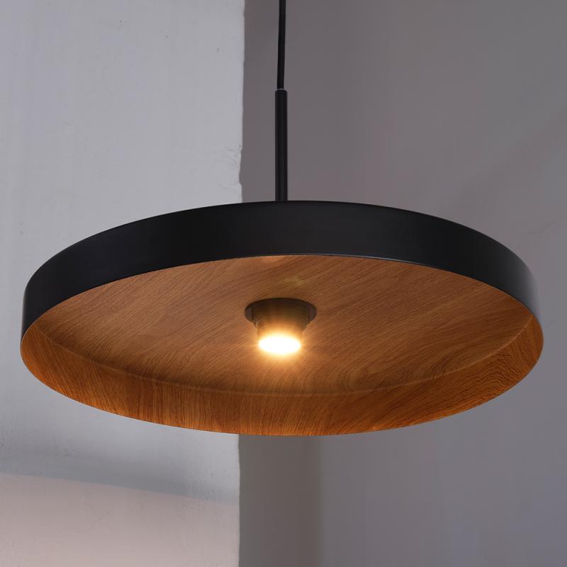OSRAM Pendelleuchte Decor Plate in Schwarz/Holzdecor Ø 40 cm aus Stahl mit E27 Fassung - dekorative Hängelampe mit tellerförmigem Lampenschirm