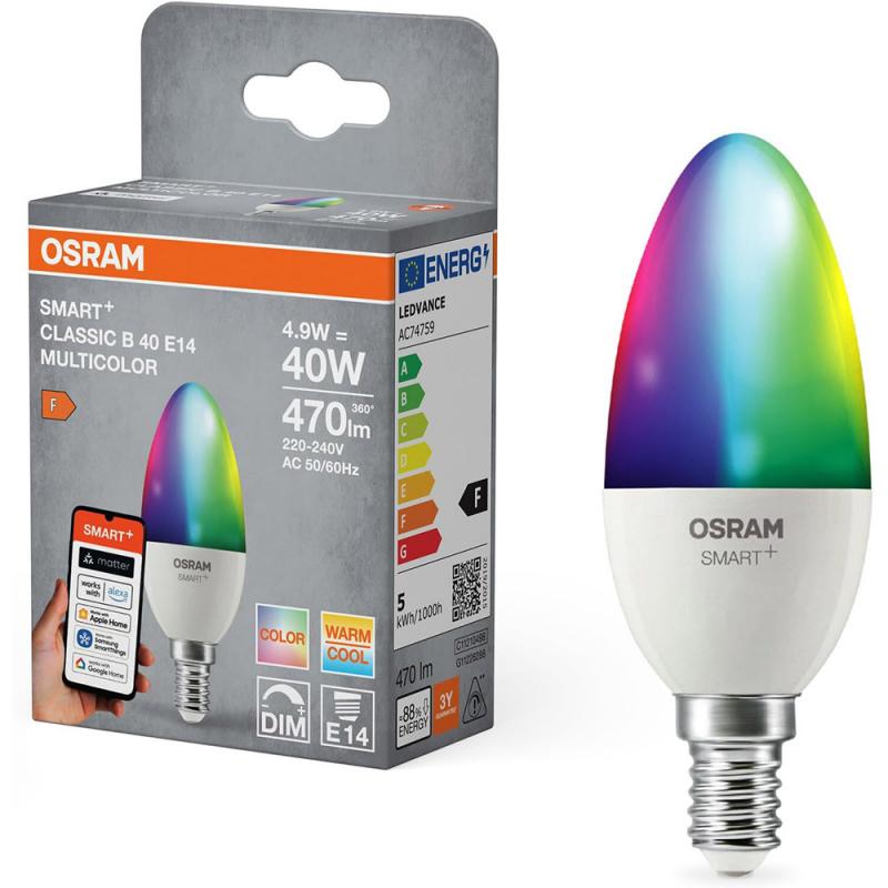 OSRAM E14 SMART+ MATTER Classic B40 LED-Lampe 4,9W wie 40W Multicolor 2700-6500K - Matter over WiFi, App- und Sprachsteuerung, 16 Mio. Farben
