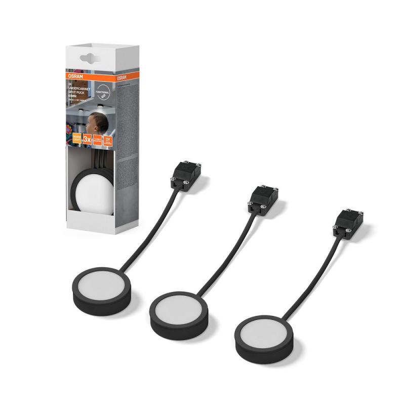 OSRAM  Undercabinet Spot Puck 65mm 3 x 3W Schwarz Spotleuchten für Unterschrankbeleuchtung warmweißes Licht
