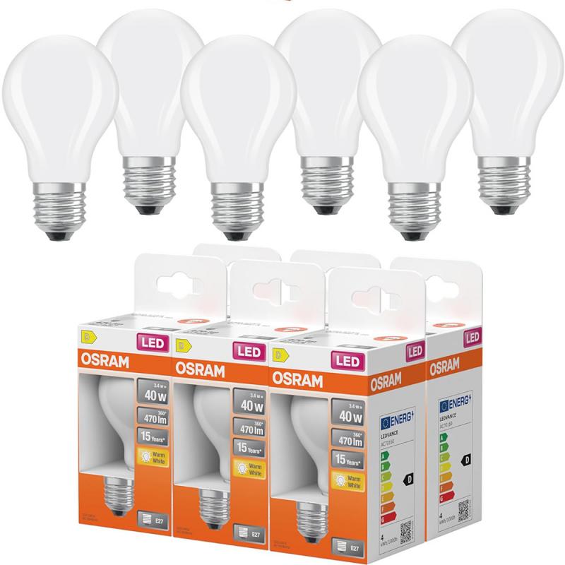 6er Pack OSRAM E27 LED Lampe Star Classic A 40 3.4W wie 40W warmweißes Licht 2700K matt Birnenform