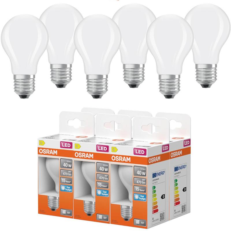6er Pack OSRAM E27 LED Lampe Star Classic A 40 3,4W wie 40W kaltweißes Licht 6500K matt Birnenform