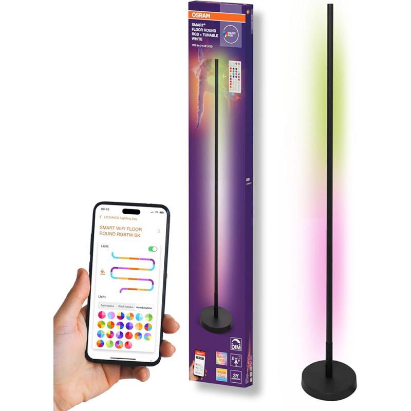 140cm OSRAM WiFi Smart+ Schlanke LED Stehleuchte Corner mit RGBW & Fernbedienung in Schwarz - DIY- & Musikrhythmusfunktion