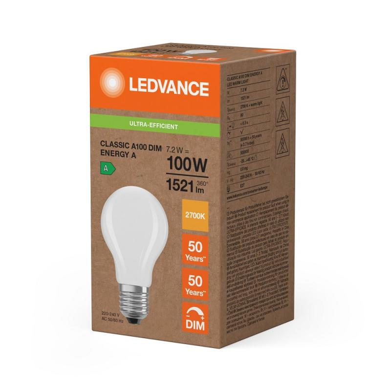 Ledvance E27 Sehr effiziente dimmbare LED Lampe Classic matt 7.2W wie 100W 2700K warmweißes Licht