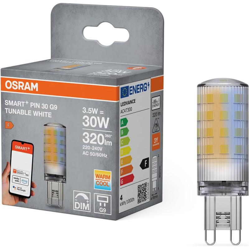 4er Set OSRAM G9 SMART+ Matter LED PIN dimmbar 3,5W wie 30W 2700-6500K Tunable White - steuerbar per App & Sprache, kompatibel mit Alexa, Google, Apple, WiFi