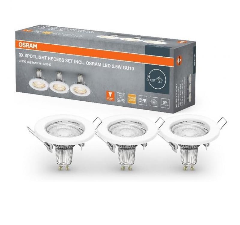 OSRAM 3er Set LED Einbauleuchten warmweißes Licht, weiß,  Einbaudurchmesser 60 mm, Einbautiefe 140 mm