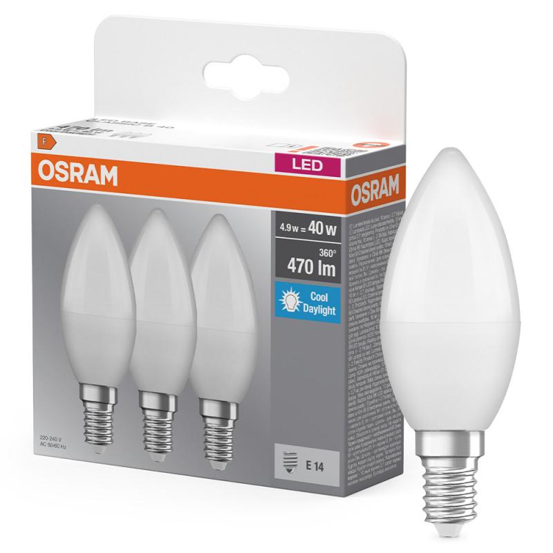 3er Pack OSRAM E14 LED Lampe Classic B 40 in Kerzenform matt 4,9W wie 40W kaltweißes Licht 6500K