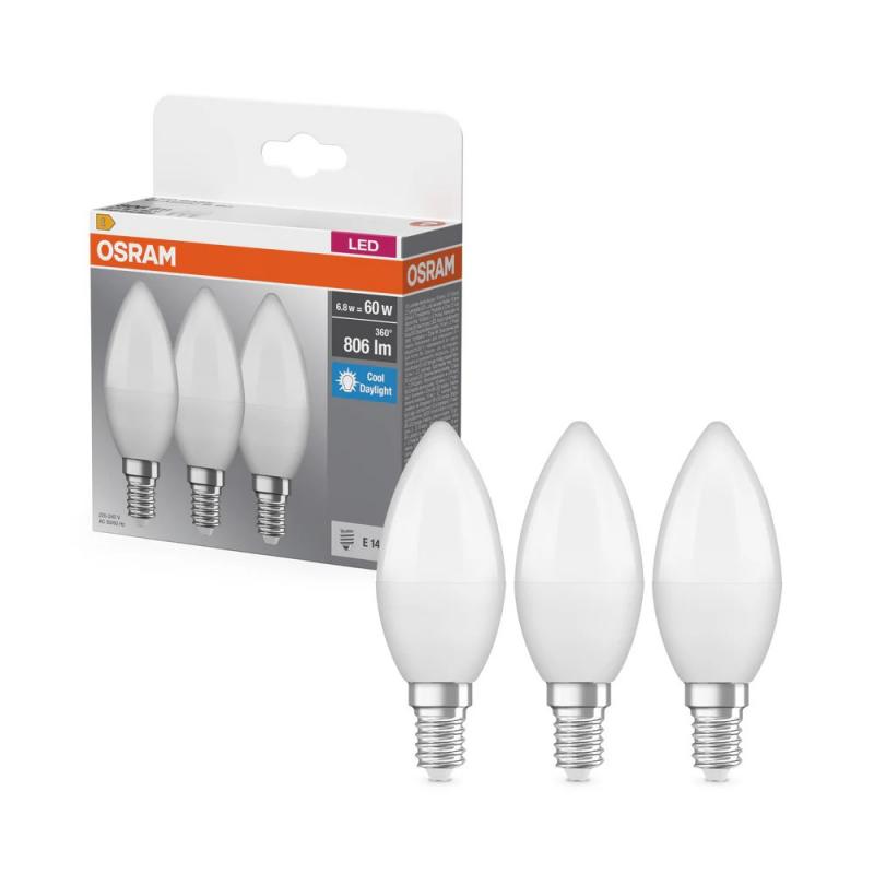 3er OSRAM E14 LED Base Classic B 60  Kerze matt 6,8W wie 60W kaltweß für Kronleucher und schmale Leuchten