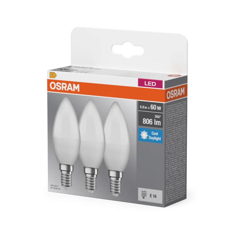 3er OSRAM E14 LED Base Classic B 60  Kerze matt 6,8W wie 60W kaltweß für Kronleucher und schmale Leuchten