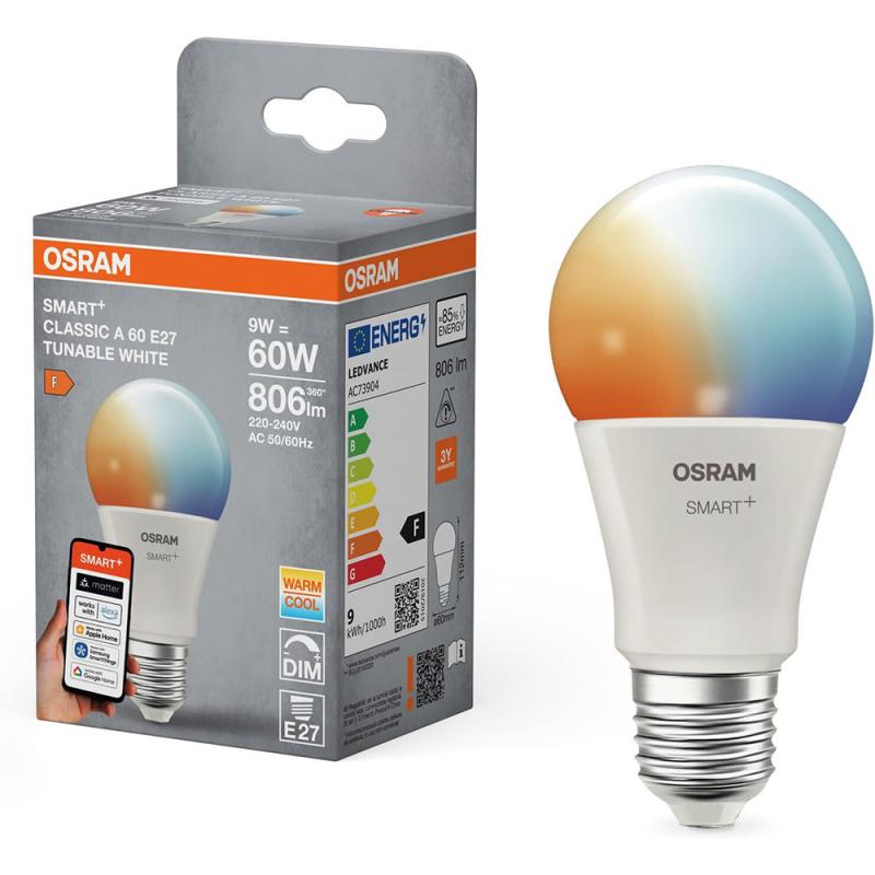 OSRAM E27 SMART+ MATTER Classic A75 LED-Lampe 9W wie 60W Dimmbar Tunable White - - kompatibel mit Alexa, Google Home, Matter über WiFi