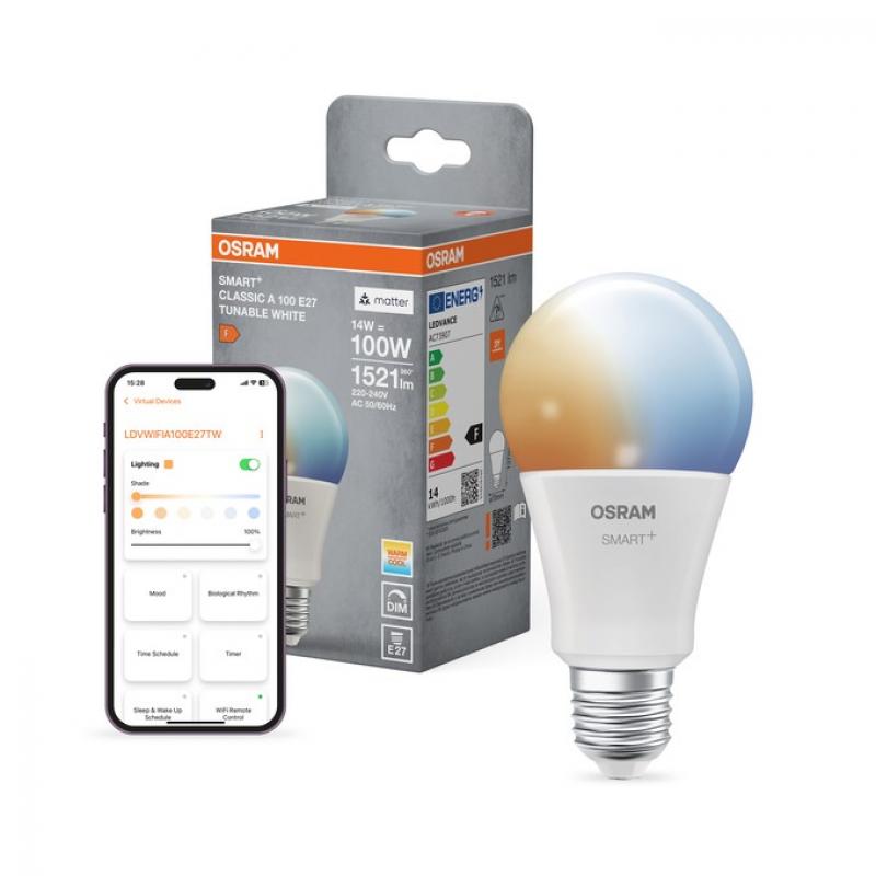 OSRAM E27 SMART+  MATTER Classic A100 LED-Lampe 14W wie 100W Dimmbar Tunable White - - kompatibel mit Alexa, Google Home, Matter über WiFi