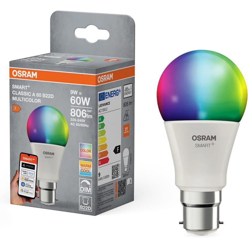 OSRAM B22D SMART+ MATTER Classic A60 LED-Lampe 9W Wie 60W Multicolor 2700-6500K - Matter over WiFi, App- und Sprachsteuerung, 16 Mio. Farben