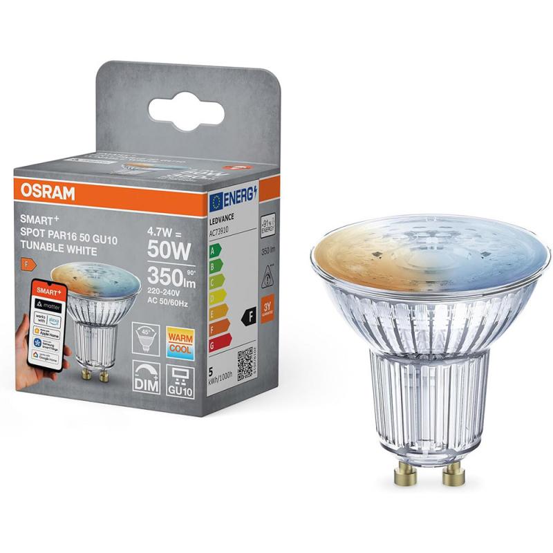 OSRAM SMART+ Matter LED Spot GU10 WiFi 4,7W warmweiss bis kaltweiss tunable white - dimmbar, Matter over WiFi, steuerbar per App, Alexa, Google und Apple