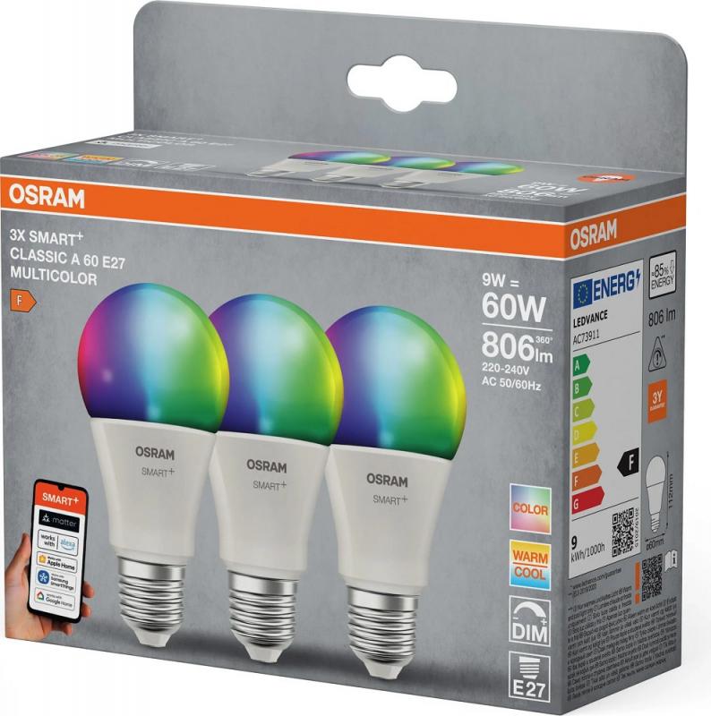 3er Pack OSRAM E27 SMART+ MATTER Classic LED-Lampe 9W wie 60W Multicolor 2700-6500K - Matter over WiFi, App- und Sprachsteuerung