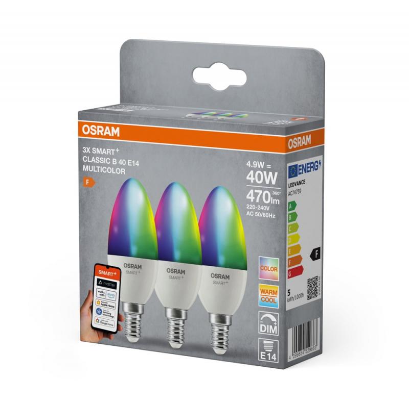 3er-Pack OSRAM E14 SMART+ MATTER Classic B40 LED-Lampe 4,9W wie 40W Multicolor 2700-6500K - Matter over WiFi, App- und Sprachsteuerung, 16 Mio. Farben
