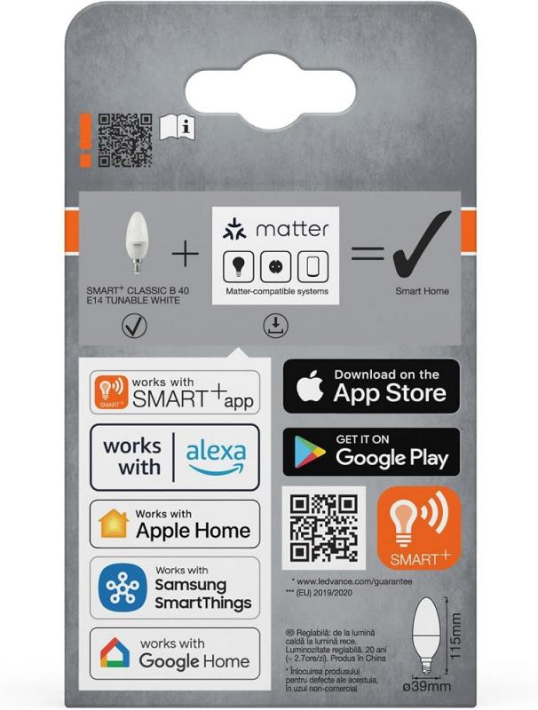 OSRAM E14 SMART+ MATTER Classic B40 Kerze Tunable White 4,9W wie 40W dimmbar - kompatibel mit Alexa, Google Home, Matter über WiFi