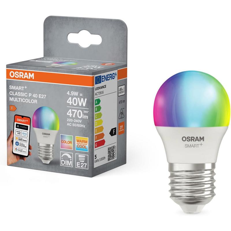 OSRAM E27 SMART+ MATTER Classic P40 LED-Lampe 4,9W wie 40W Multicolor 2700-6500K - Matter over WiFi, App- und Sprachsteuerung