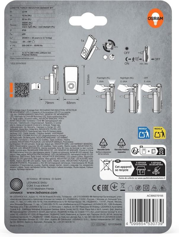 OSRAM Nachtlicht & Taschenlampe Luntetta Torchl Weiß mit Sensor - kaltweißes & tageslichtweißes Licht (3000 & 4000 & 6500K), eingebauter EU-Stecker, ideal für Innenräume