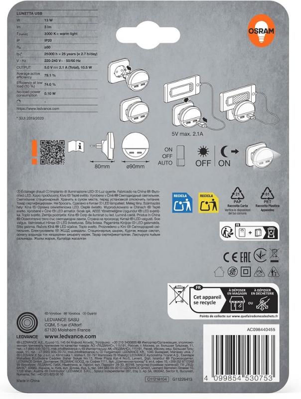 OSRAM Nachtlicht LUNETTA Weiß - mit USB-Ausgang, Tag-Nacht-Sensor,