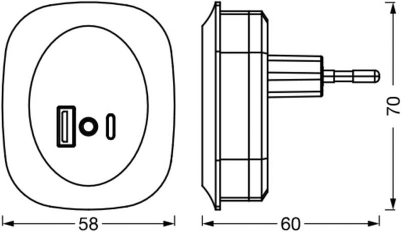 OSRAM Steckdosen Nachtlicht LUNETTA Edge Weiß mit USB weiß - warmweißes Licht, Tageslichtsensor, USB-A & USB-C Anschluss,
