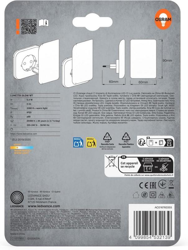 OSRAM  Nachtlicht LUNETTA Glow Weiß Steckdosenleuchte mit Sensor - indirektes Licht, 3000K, für Kinderzimmer und Wohnbereiche
