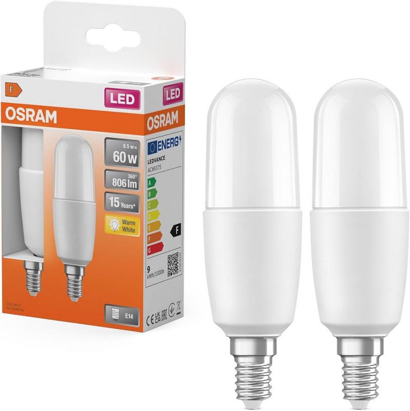 OSRAM E14 Lampe in Kolbenform 2er Set 8,5W 2700K 806lm matt wamrweiß