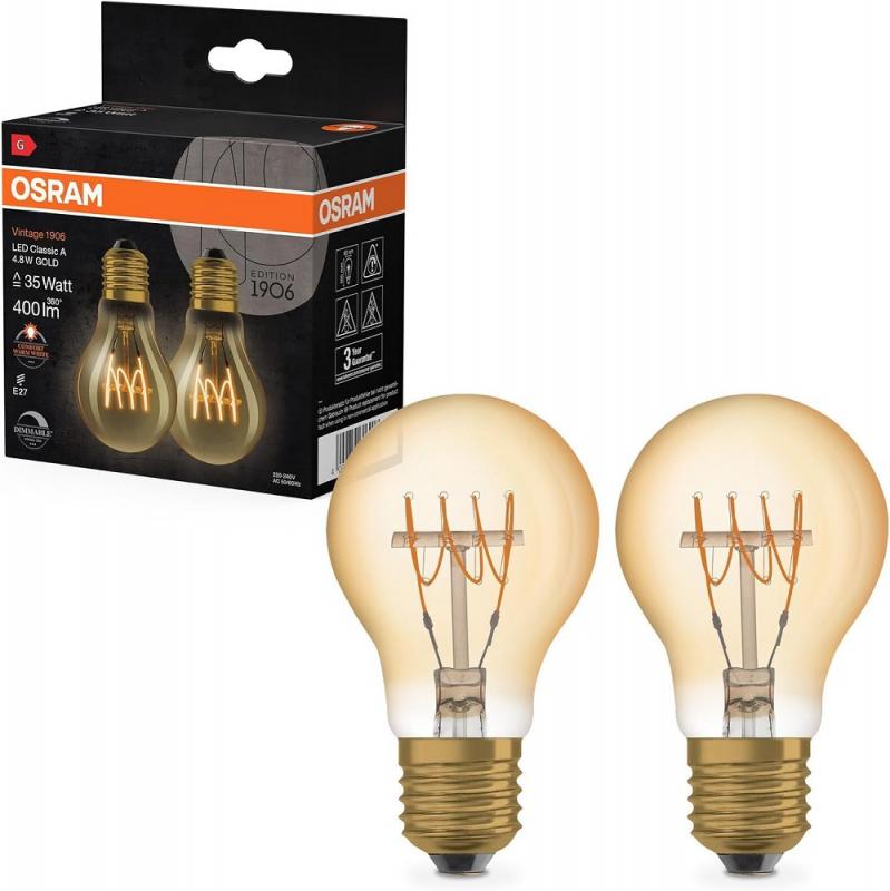 2er Pack OSRAM E27 Lampe Vintage 1906 LED Classic A35 Slim Filament DIMMABLE 4,8W 2200K Gold